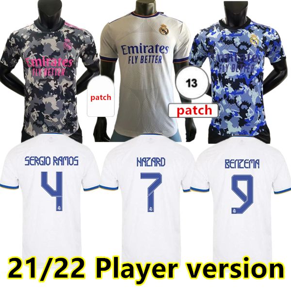 

real madrid soccer jerseys 21 22 hazard football shirts sergio ramos benzema asensio modric marcelo camiseta player version 2021 2022 unifor, Black;yellow