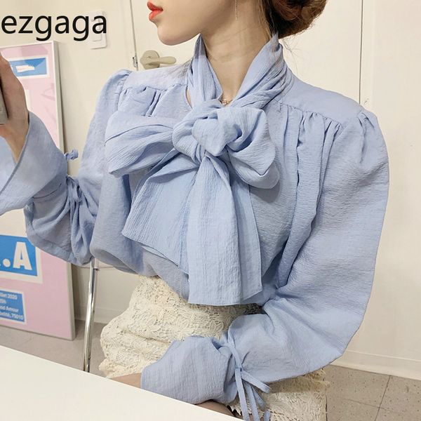 

ezgaga office lady elegant shirts and blouse korean chic tender bow tie collar long flare sleeve loose women blouse fashion 210430, White