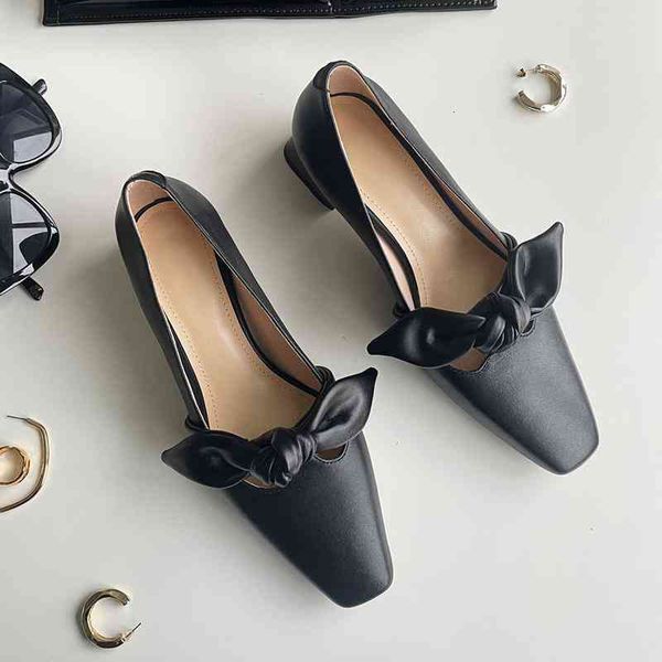 

women's dress shoes genuine leather thick med heel sqaure toe slip-on pumps bowtie sweet korean style female casual daily for women, Black