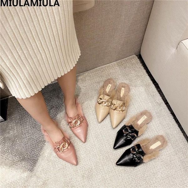 

winter luxury metal chain warm plush pointed flat slipper brand designer fur slides slip-on loafers mules flip flops casual slippers, Black