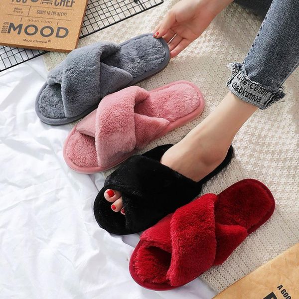 

slippers autumn winter home warm ladies woman slides plush faux fur fashion indoor flat shoes open-toed, Black