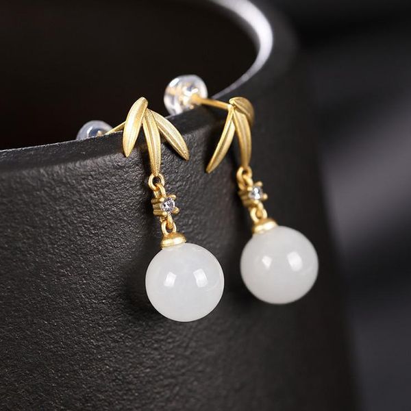 

dangle & chandelier silver inlaid natural hetian white chalcedony plant earrings chinese style retro charm minority design women's bran