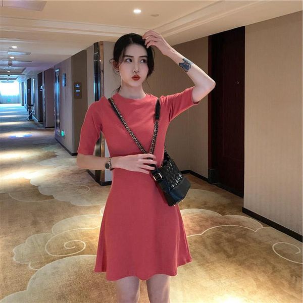 

casual dresses women dress elegant korean style harajuku french solid color mini summer slim thin a-line robe femme, Black;gray