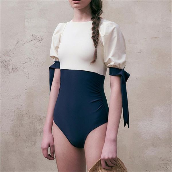 

one-piece suits short sleeve one piece swimsuit women contrast color swimwear tummy control bathing suit vintage lace up monokini strappy si