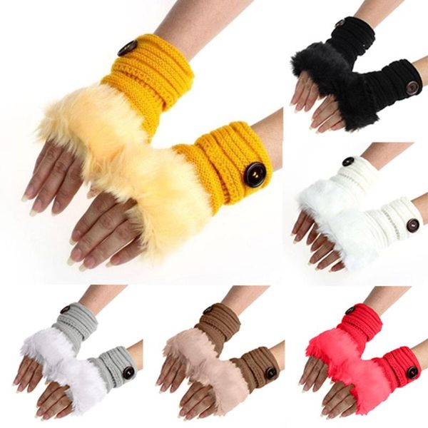 

sports gloves women knit wool thicken plush warm winter faux fur wrist short half fingerless mittens, Black