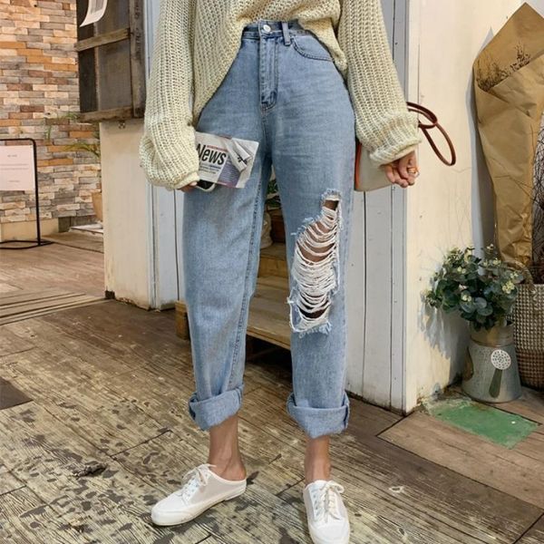 

summer casual high waist harem women jean loose denim pants streetwear ripped hole trousers, Blue