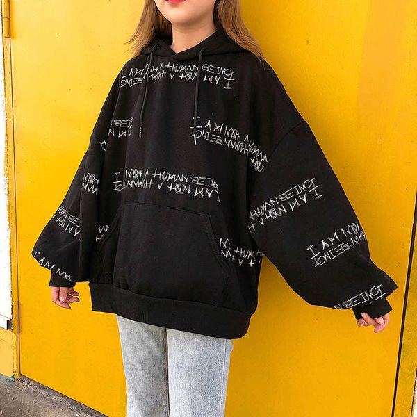 

ulzzang winter women's sweatshirt harajuku letter printing hooded bf long-sleeved loose pullovers 210608, Black