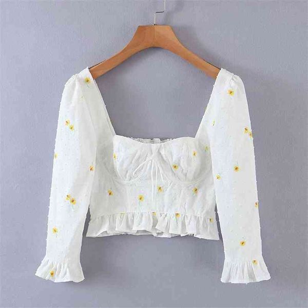 

women daisy embroidery crop square neck summer white fashion blusas 210514