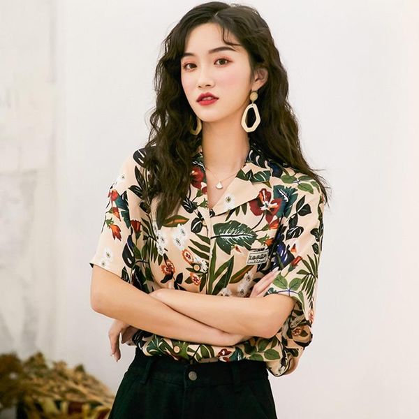

korean vintage print blouse fashion short sleeve summer turn-down collar floral loose wild holiday neutral style women shirt women's bl, White