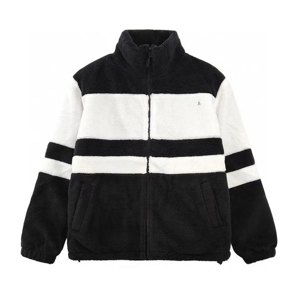 

stylish cotton lamb wool fur coat color matching stripe embroidery letter zipper coats lapel high neck thick warm overcoat, Black