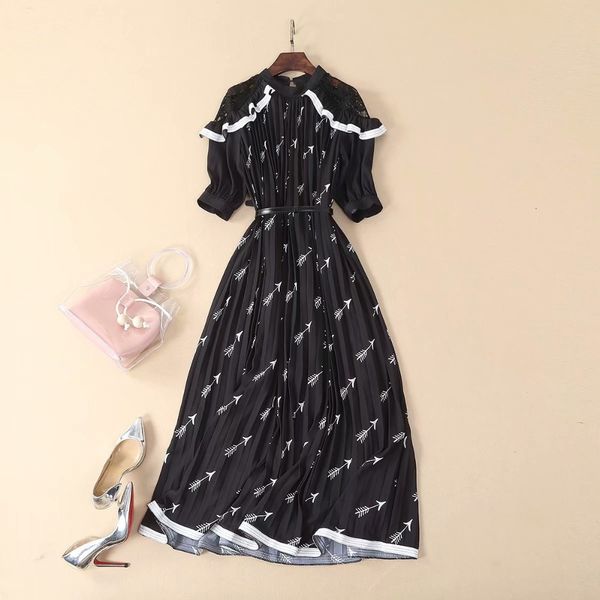 

a line runway women dresses black floral printed chiffon maxi dress vintage puff bohemian long short sleeve, Black;gray