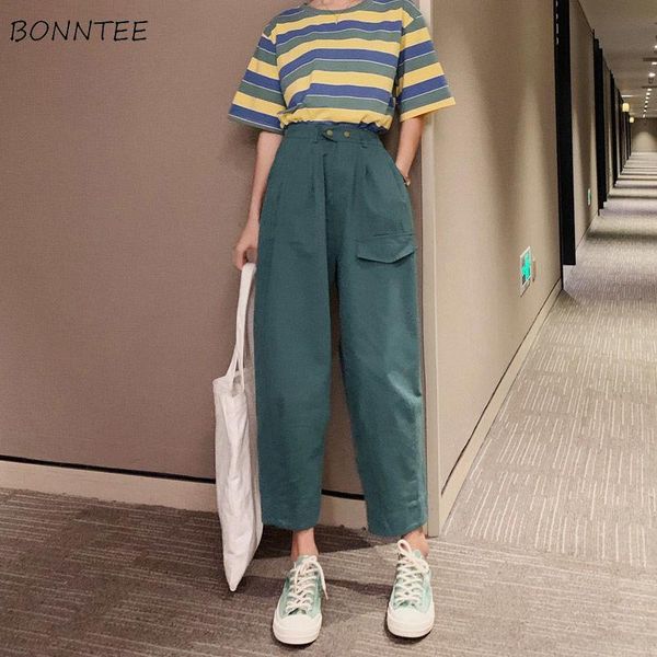 

women's pants & capris women high waist pockets wide leg trousers kawaii harajuku summer casual bottoms loose fashion all-match baggy c, Black;white