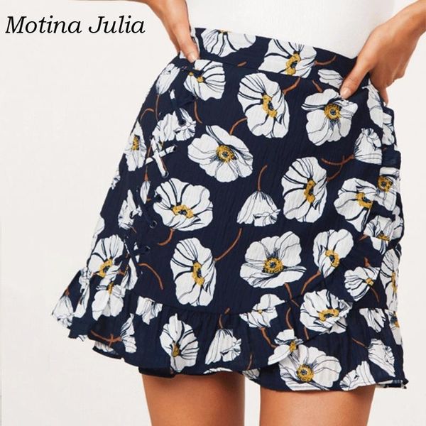 

skirts motina julia chic print floral skirt bottom wrap ruffle mini boho beachwear, Black