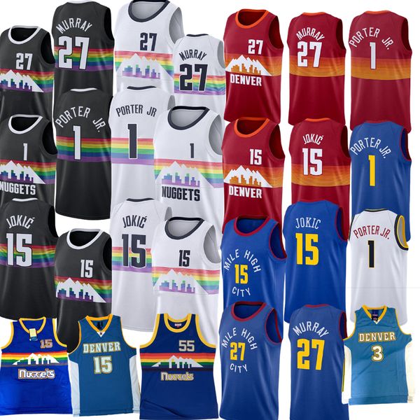 

15 jokic jamal 27 murray 1 porter jr. basketball jersey mens allen 3 iverson carmelo anthony dikembe 55 mutombo retro shirt, Black;red