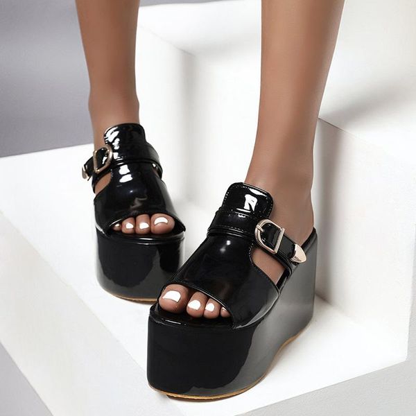 

slippers women super high heels wedges shoes woman plus size 33-48 green patent leather chunky platform sandals, Black