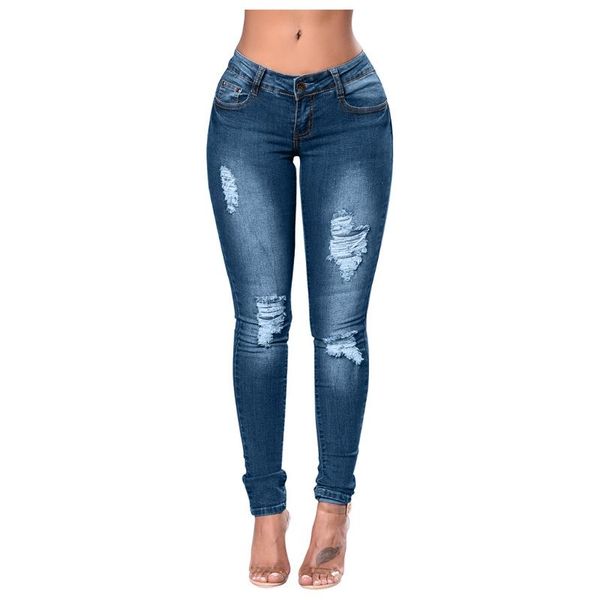 

women's jeans denim womens elastic zipper pocket hole pants skinny woman casual mom femme mujer, Blue
