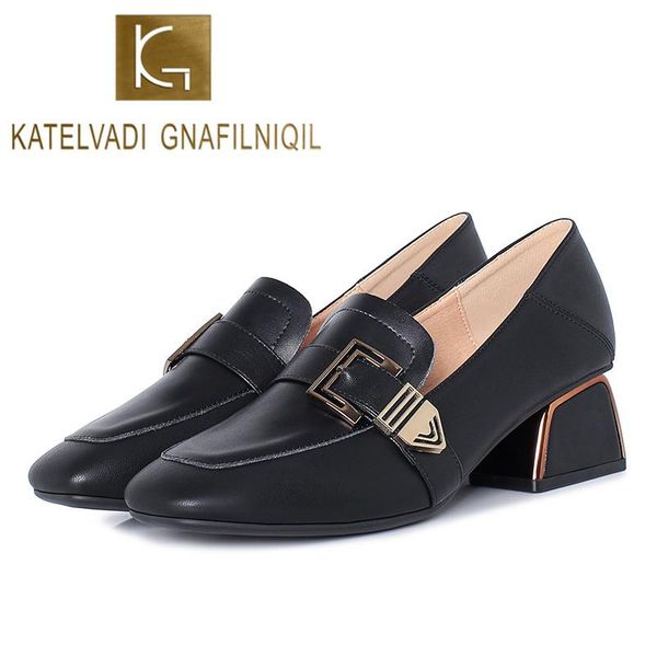 

dress shoes katelvadi women oxford formal work footwear slip-on retro buckle thick heel loafers xsx005, Black