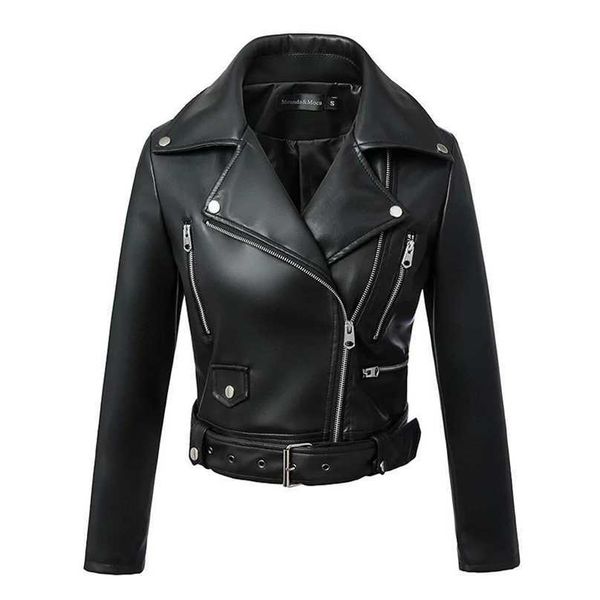 

women with belt biker leather jacket fashion spring autumn black short faux coats ladies zipper moto outerwear femme 210525