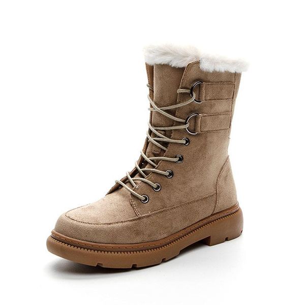 

boots fur snow women 2021 winter warm plush cotton shoes mid calf platform botas chunky motorcycle genuine leather suede, Black