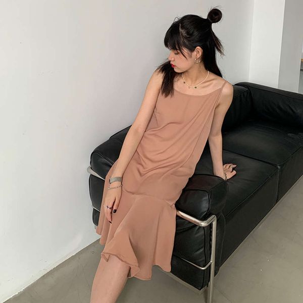 

nantao south korea solid color thin suspender dress women's summer loose temperament folding long skirt, Black;gray