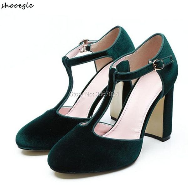 

green velvet t-strap sandals round toe block high heels gladiator buckled pumps dress shoes lady, Black