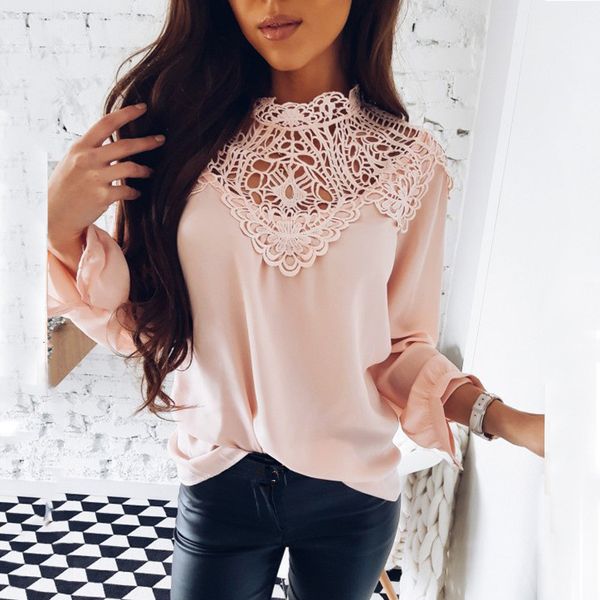 

women's t-shirt spring lady sweet hollow out flower blouse solid lace stitching o-neck sleeve shirts, White