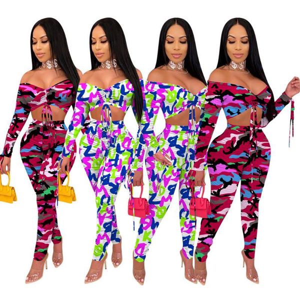 

women's tracksuits echoine camouflage printed two piece set women off shouder stacked crop pants suits sweat fashion tracksuit outfits, Gray