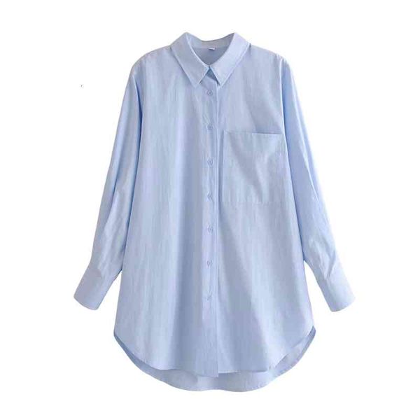 

women's knits & tees streetwear women solid sky blue shirts fashion ladies turn down collar causal female chic pocket loose b, White