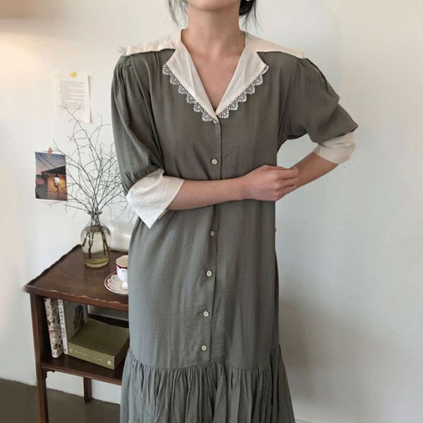 

casual dresses dress women clotheschic elegant lace doll collar single breasted loose and versatile short sleeve pleated dress for 6jci, Black;gray