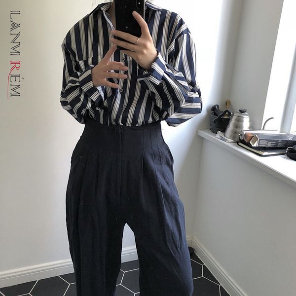 

women's blue striped big size lapel long sleeve loose fitted shirt fashion trend spring and autumn 2e1302 210507, White