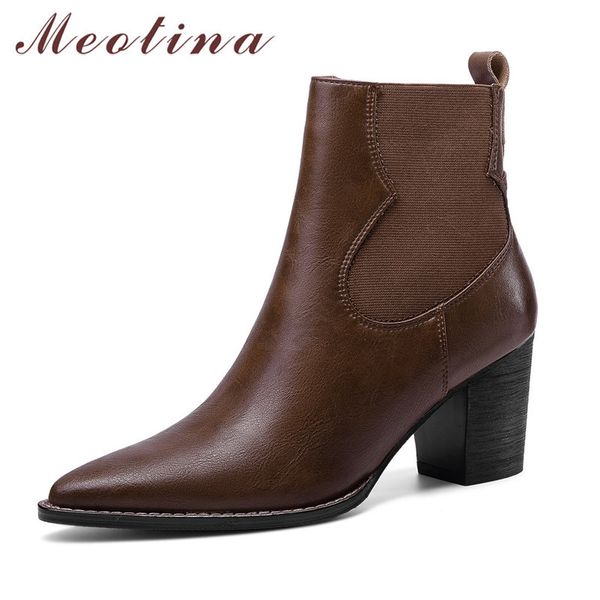 

meotina ankle boots women shoes genuine leather high heel short boots pointed toe zipper block heels boots lady autumn brown 41 210520, Black