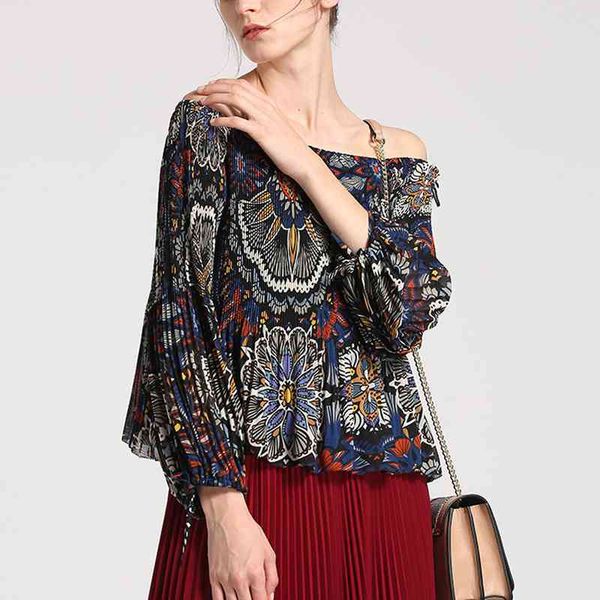 

women's t-shirt long sleeve printed t-shirt, heavy industry special lapel, single collar, off shoulder, White