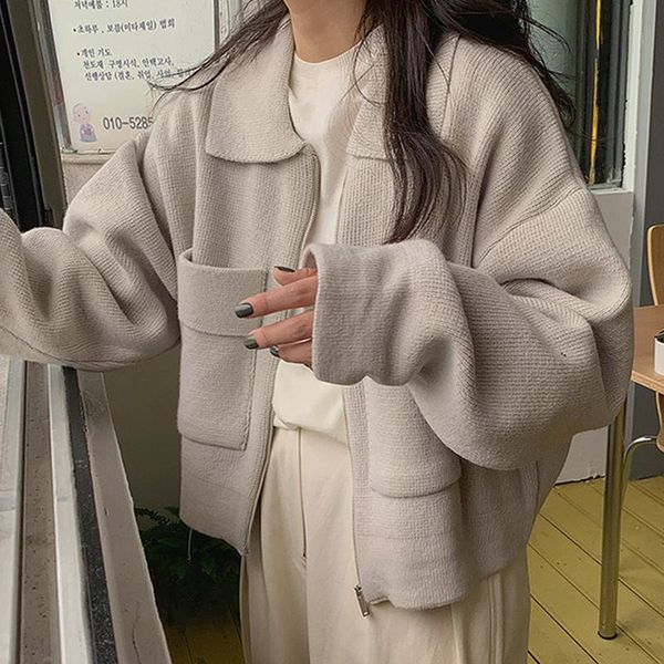 

women's jackets onalippa female knitted coat 2021 autumn korean chic lazy style lapel zipper loose wild big pocket lantern sleeve warm, Black;brown