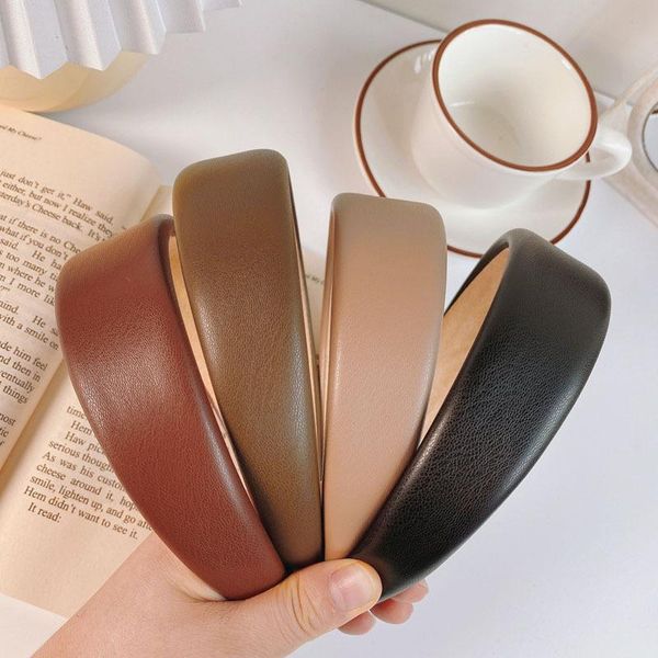 

hair accessories casual solid color pu retro women hairband hoop simple leather wide side girls headwear fashion accessory