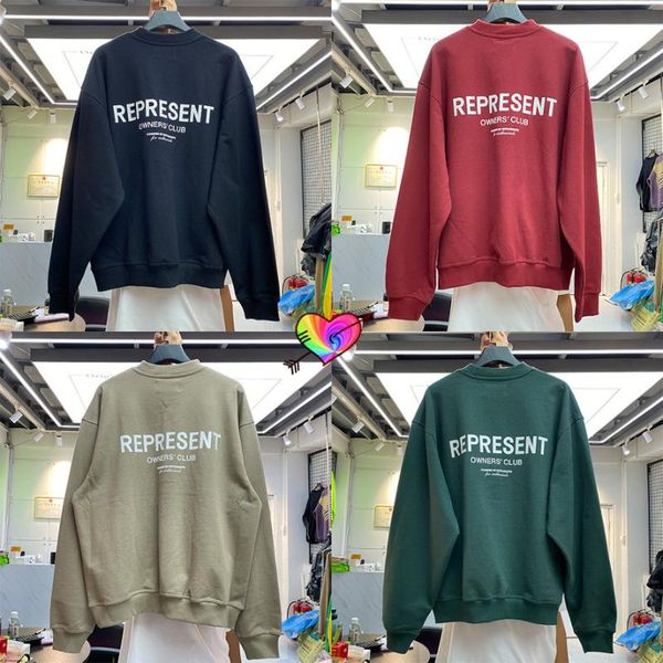 

men's hoodies & sweatshirts oversize fit represent owners club 2021fw men women big logo print man hoodie ribbed trims racing crewneck, Black