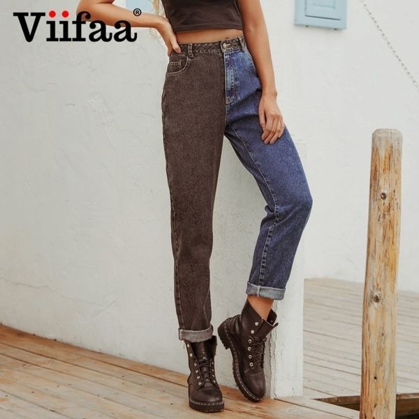 VIIFAA preto e azul dois tons de cintura alta denim jeans para mulheres zíper voar casual senhoras jeans em linha reta 210616