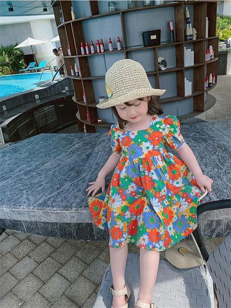 

summer kids girl princess dress short sleeve floral korean children party toddler baby birthday dresses vestidos girl's, Red;yellow