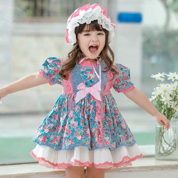 2 pcs bebê menina mangas espanhol princesa bola vestido floral lolita vestido para meninas festa de festa de aniversário de páscoa chapéu whit 210615