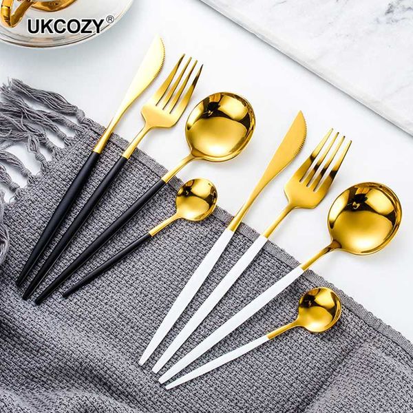 

stainless steel dinner black gold dinnerware set knife fork coffee spoon cutlery kitchen tableware silverware sets