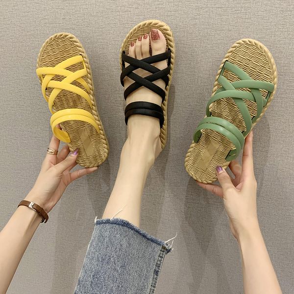 

luxury slippers 2021 women's summer korean student flat sandals two net red roman sandals thick bottomed beach women, Black