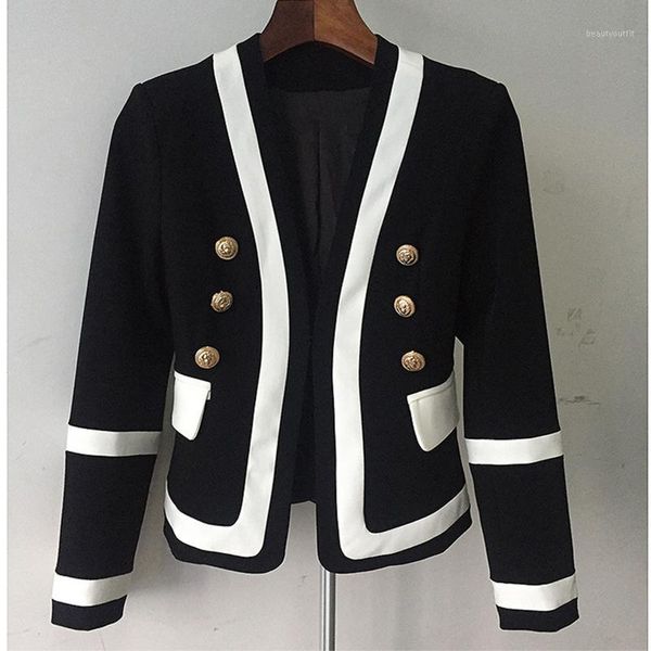 

women's suits & blazers women spring autumn star blazer metal double-breasted black white contrast color fashion slim collarless suit, White;black