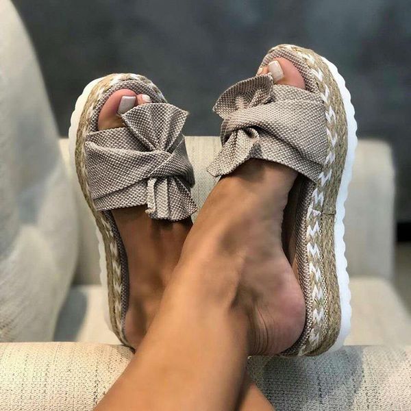 

slippers summer women shoes plus size fish mouth outside beach wear thick bottom slipper butterfly knot female flat slides, Black