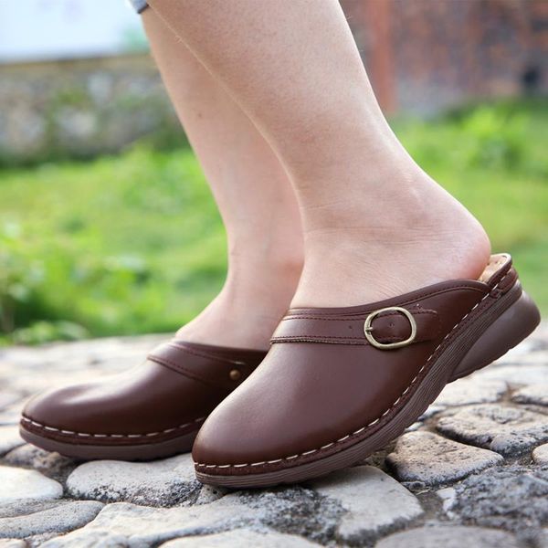 

slippers 2021 women wedge shoes mules pu leather vintage round head buckle sandals closed toe leisure outdoor, Black