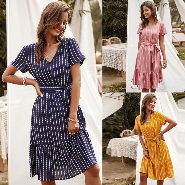 

casual dresses women stripe print dress v-neck streetwear beach holiday swing fashion female bandage knee-length 2021, Black;gray