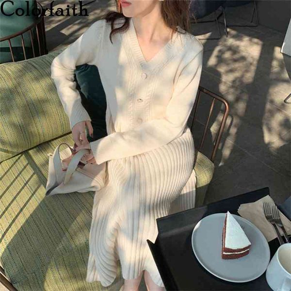 

colorfaith new winter spring women dresses v-neck knitted korean style high waist warm elegant lady long dresses dr1249jx 210413, Black;gray