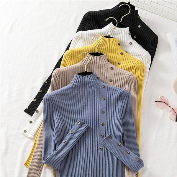 

half turtleneck sweater women winter clothes pullovers button casual slim knitwear pull femme women's sweaters, White;black