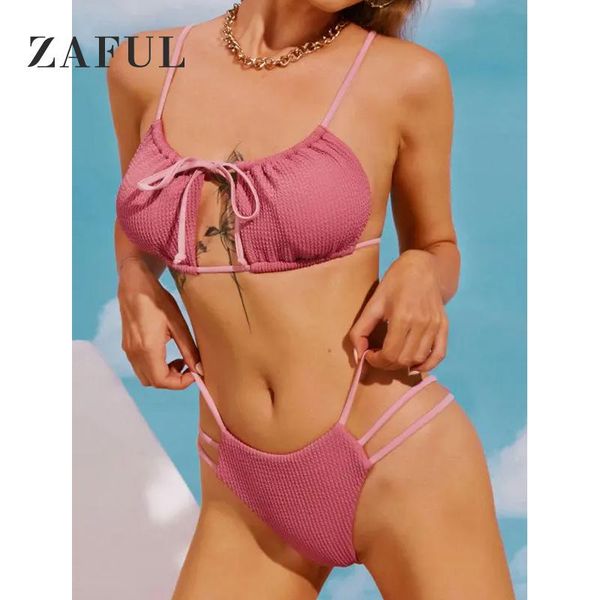 

women's swimwear zaful strappy textured padded bikini set, White;black