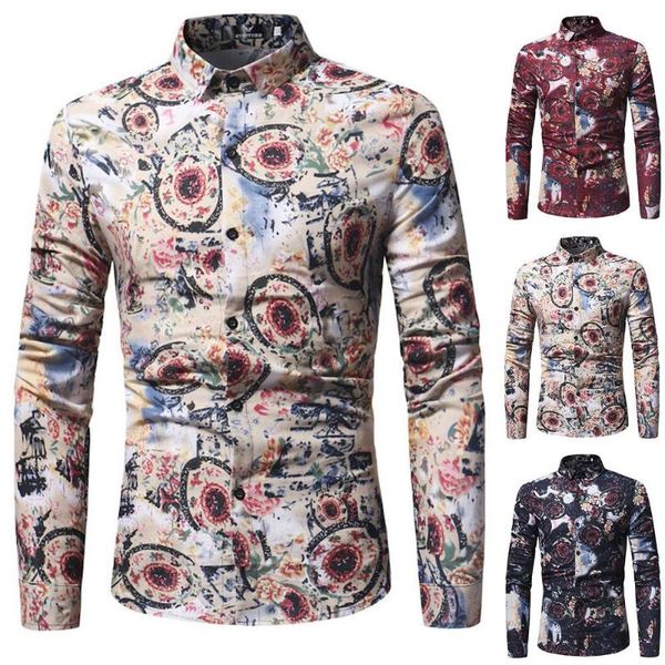 

men's casual shirts floral printed retro long sleeved buttons washed, White;black