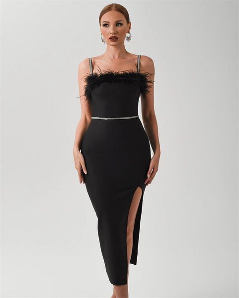 

casual dresses 2021 arrival feathers embellished women black mid diamonds spaghetti straps bandage dress elegant fashion evening party dres, Black;gray