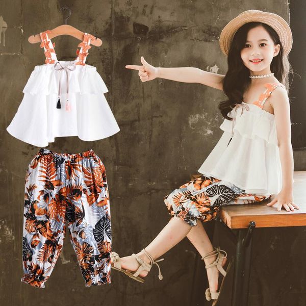 

boho 3-12y girls kids clothes 2 pieces sets sweet solid camisole vest floral printed shorts children outfit costume clothing, White